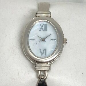 J Jill Watch Women 23mm Silver Tone MOP Dial Oval Brushed Bangle New Battery 7"